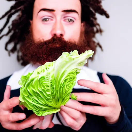 Prompt: A lettuce in the shape of a baby on the head of a young bearded man, portrait photography