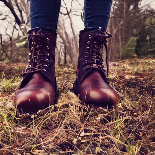 Prompt: young woman in her 20s, she wears boots, its spring, photography, very detailed face, full body shot