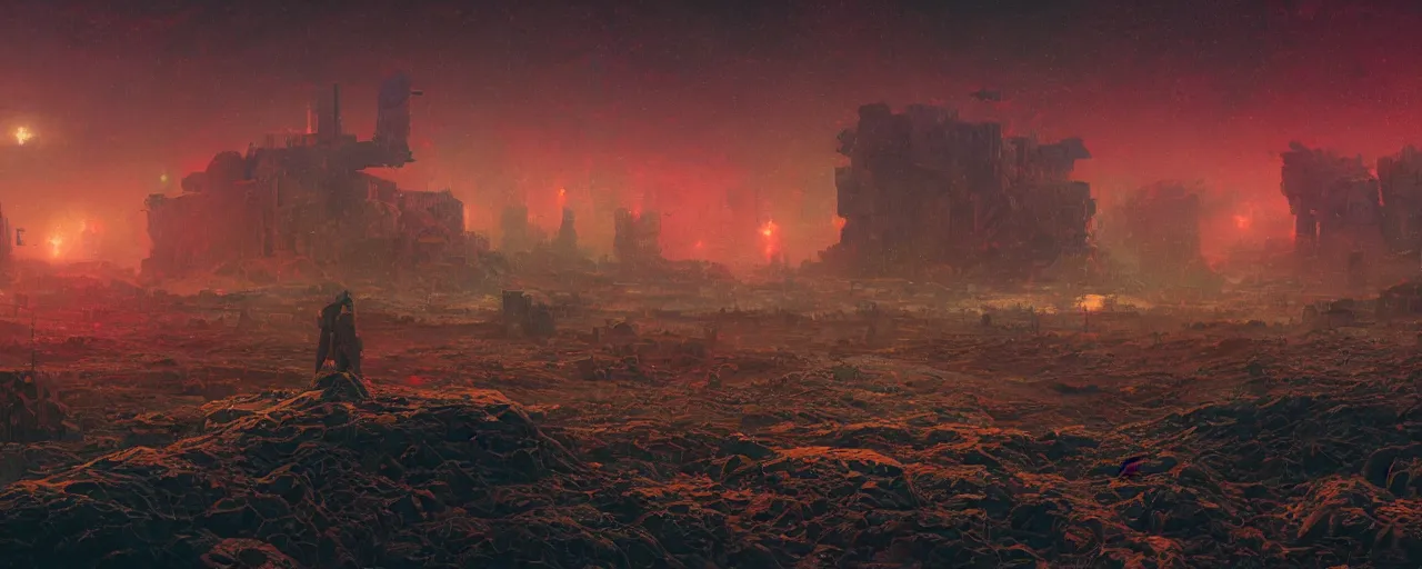 Image similar to ” otherwordly depressing landscape radioactive desolate wasteland, [ cinematic, detailed, epic, widescreen, opening, establishing, mattepainting, photorealistic, realistic textures, octane render, art by paul lehr ] ”