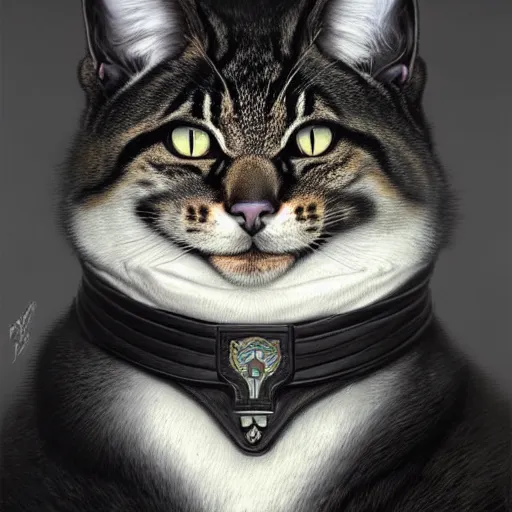 Image similar to portrait painting of a friendly tabaxi police officer with black and white fur, ultra realistic, concept art, intricate details, eerie, highly detailed, photorealistic, octane render, 8 k, unreal engine. art by artgerm and greg rutkowski and magali villeneuve and alphonse mucha