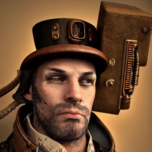 Image similar to a steampunk man, aged 4 0, wearing a steampunk hat made of junk, photo realistic, octane render, trending on artstation