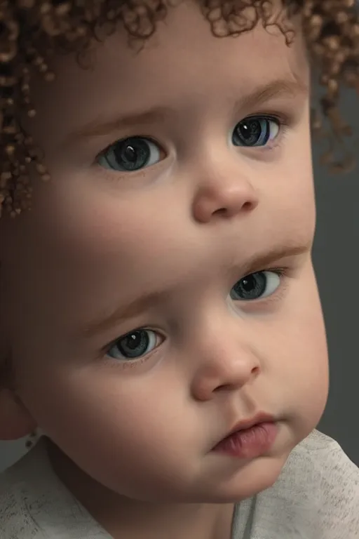 Prompt: hyper - realistic portrait of cute baby with curly hair, photorealism, portrait photography, volumetric lighting, insanely detailed, artstation, 4 k, 8 k