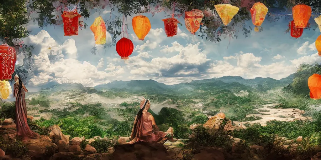 Prompt: painting of wind god enjoying the view from his stone heavenly palace, decorated with windchimes and paper lanterns, nature and clouds in background, digital art