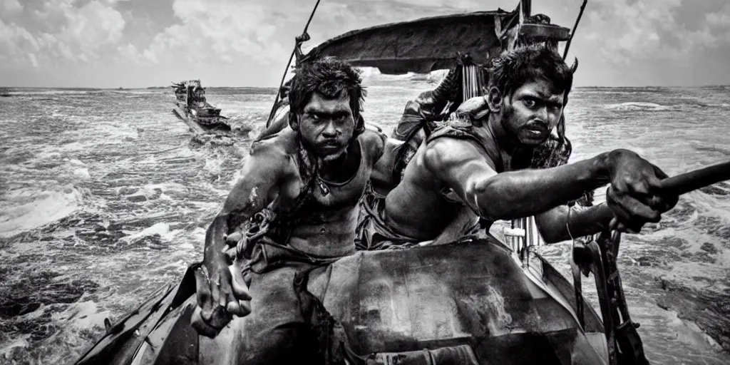Image similar to sri lankan mad max style, ocean, driving a boat, film still, epic shot cinematography, rule of thirds