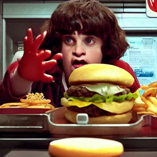 Prompt: an obese demogorgon odering burgers at the counter of a mc donalds restaurant, stranger things, movie scene, high resolution, realistic