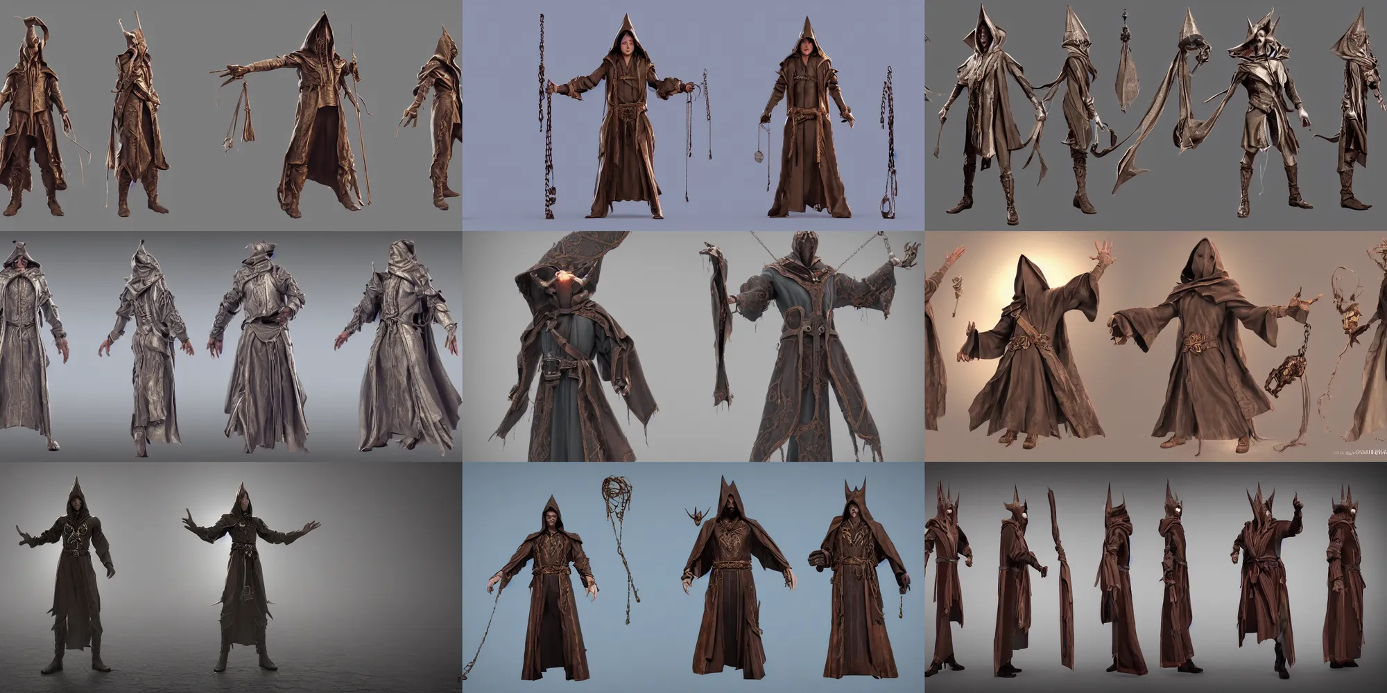 Prompt: t-pose of rigged wizard character, magic belt, potions hanging strapped to belt, elaborate cult robes, hood, character design sheet, face by Paul Rubens, character reference, concept art render, straight arms outstretched in a tpose, octane render, ray tracing, unreal engine 5, DAZ, zbrush, CGSociety, 8k ultra HD,