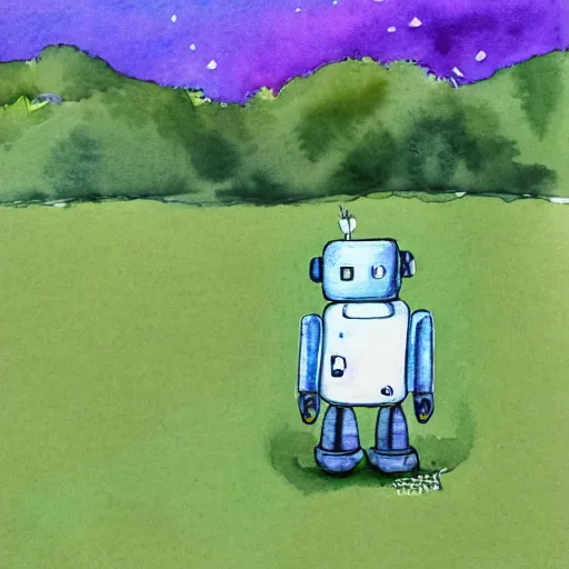 Prompt: a small lonely robot in the field, illustration, robot, trees, deforestation , Nice colour scheme, soft warm colour. Studio Gibli. Beautiful detailed watercolor by Lurid. (2022)