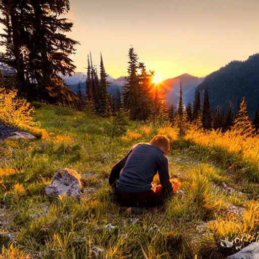 Image similar to Sasquatch tea bags an unfortunate backpacker in the Cascades, sunset, photorealistic 8K HDRI.