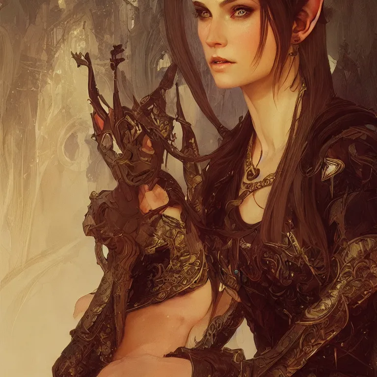 Prompt: portrait of an elf queen, D&D, fantasy, highly detailed, digital painting, artstation, concept art, smooth, sharp focus, illustration, art by greg rutkowski and alphonse mucha