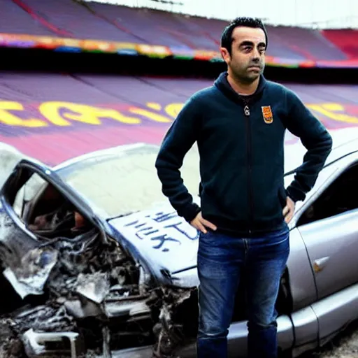 Image similar to xavi hernandez next to a crashed car, in camp nou