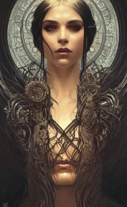 Image similar to portrait of a dark goddess, dark filaments, shadows, menacing, frightening, intricate, headshot, highly detailed, digital painting, artstation, concept art, sharp focus, cinematic lighting, illustration, art by artgerm and greg rutkowski, alphonse mucha, cgsociety