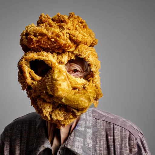 Image similar to an elderly man wearing a mask made from fried chicken, bold natural colors, national geographic photography, masterpiece, 8 k, raw, unedited, symmetrical balance