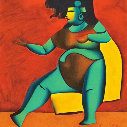 Prompt: fat mayan woman dancing, beautiful sunset, cubism, muted colors, texture