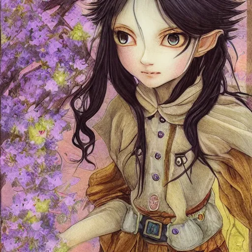 Image similar to little elf tomboy, tunic, soft hair. light color palate, purple, yellow and white. detailed soft painting, ayami kojima, made in abyss, anatomically correct, inspired in balthus, high detailed face anime