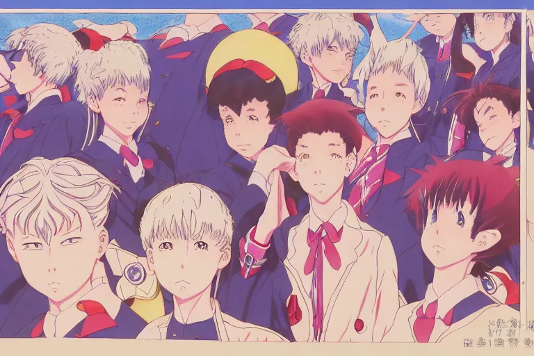 Image similar to cel shaded study of a group of children in a magical academy, anime, key visual of anime with intricate linework, in the stlye of moebius, ayami kojima, 90's anime, retro fantasy