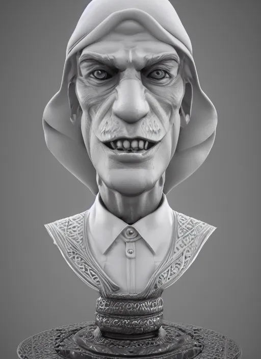 Prompt: bust of sheikh mohammad ruler of dubai, drak fantasy goblin, head and torso only, cinematic lighting, studio quality, smooth render, unreal engine 5 rendered, octane rendered, art style by klimt and nixeu and ian sprigger and wlop and krenz cushart.