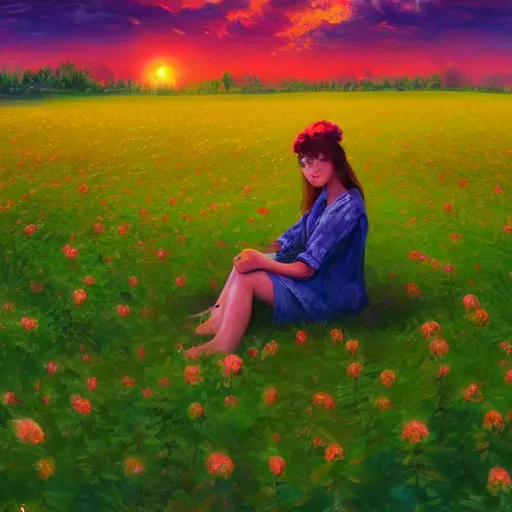 Image similar to giant rose flower head, girl sitting in a flower field, surreal photography, sunrise, dramatic light, impressionist painting, colorful clouds, digital painting, artstation, simon stalenhag