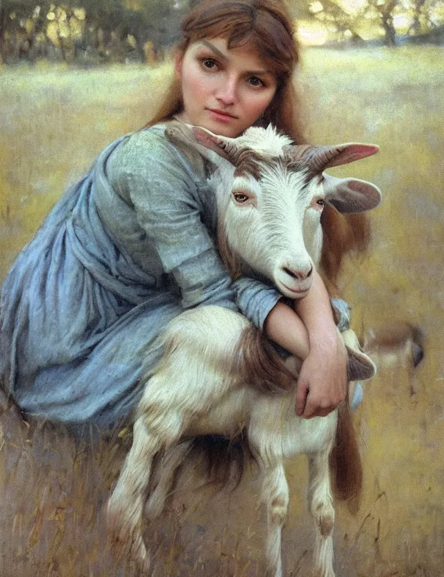 Image similar to portrait of peasant girl pet a goat, cottage core, cinematic focus, polaroid photo bleached vintage pastel colors high - key lighting, soft lights, foggy, by steve hanks, by lisa yuskavage, by serov valentin, by tarkovsky, 8 k render, detailed, oil on canvas