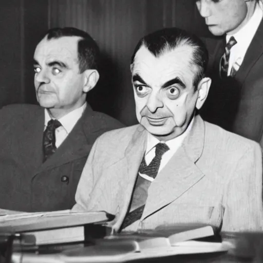 Prompt: mr bean sitting at the nuremberg trials being charged for war crimes