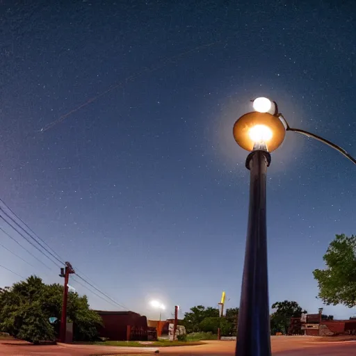 Prompt: a tiny planet earth is at the top of a lightpole providing the only source of light for main street in a small kansas town at midnight