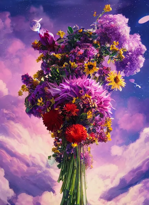 Image similar to An epic fantastic realism comic book style painting of the most beautiful flowers launched into space, bouquets, fisheye lens, unreal 5, DAZ, hyperrealistic, octane render, dynamic lighting