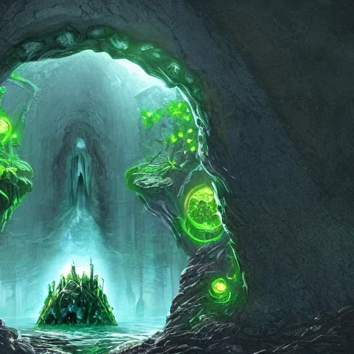 Image similar to a scary portal glowing green portal to another world in darwin's arch in the galapagos islands, elden ring landscape, d & d, fantasy, intricate, elegant, highly detailed, digital painting, artstation, concept art, matte, sharp focus, illustration, art by hayao miyazaki