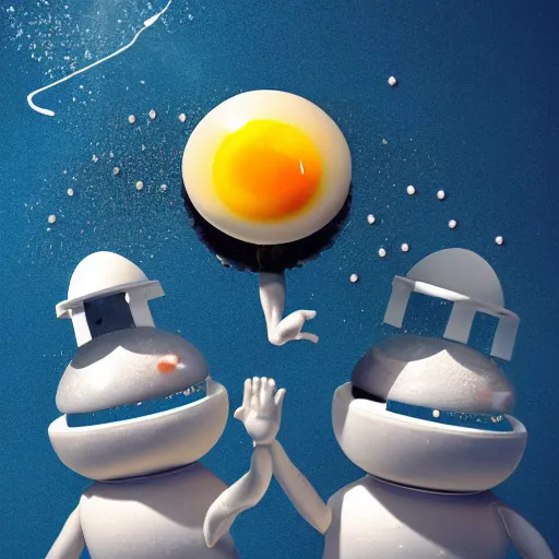 Prompt: a fried egg flying saucer, with salt and pepper aliens dancing on top, in the style of pixar, against a blue sky