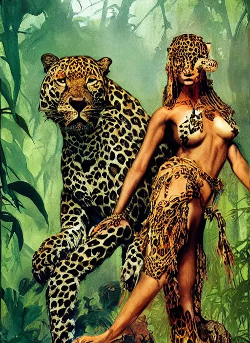 Image similar to a full body portrait of a jungle queen with a leopard, intricate, elegant, highly detailed, vivid colors, john park, frazetta, sparth, ruan jia, jeffrey catherine jones