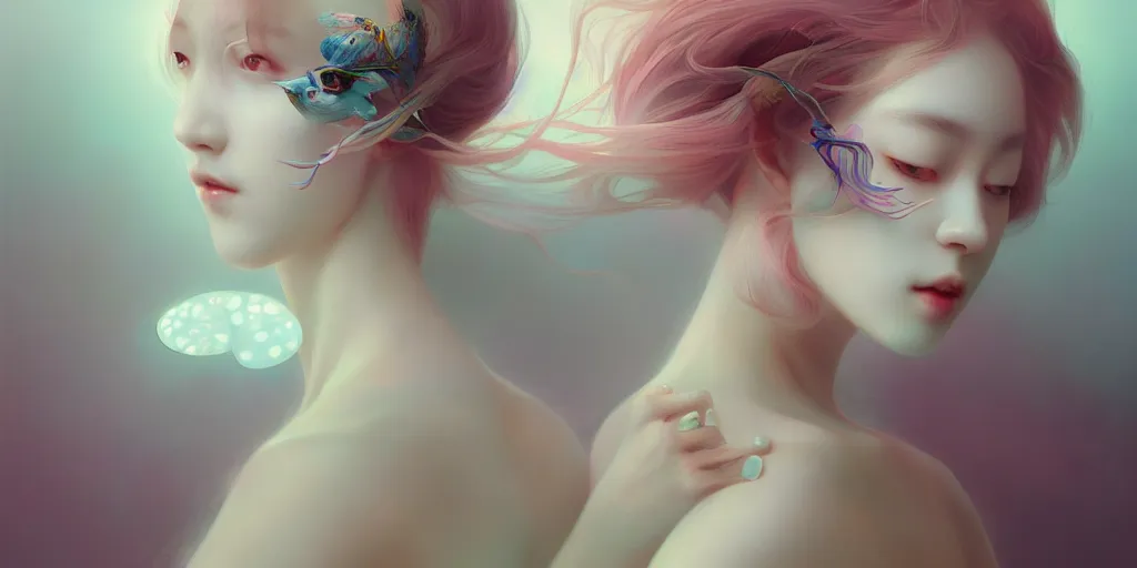 Image similar to breathtaking delicate detailed concept art painting creature, by hsiao - ron cheng, bizarre compositions, exquisite detail, pastel colors, ornate background, 8 k