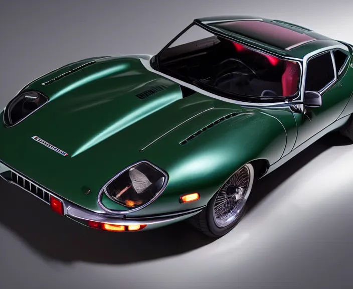 Prompt: a detailed combination of a jaguar e - type, lamborghini countach and a datsun 2 4 0 z, concept photo, round headlights, 8 k, highly detailed, dramatic lighting