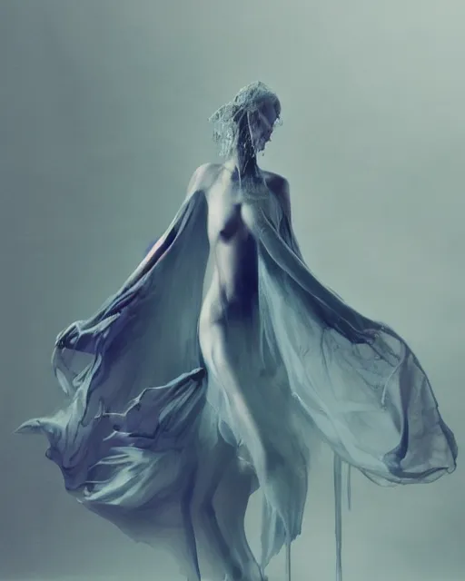 Prompt: mid shot render of an ethereal ghostlike figure fluid simulation in houdini dancing in dark smoke robes and silk veils by ilm, paolo roversi, nick knight, gill elvgren, beautiful futuristic simplified form distorted by turbulent movement, dark studio background, deep color, trending on artstation, hyperrealism, matte painting, dutch golden age, fine detail, zbrush central