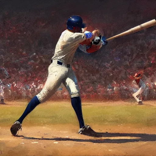 Image similar to baseball player hitting the ball with the baseball bat in the middle of the game and in front of everyone in the stadium, james gurney painting style, greg rutkowski, artstation