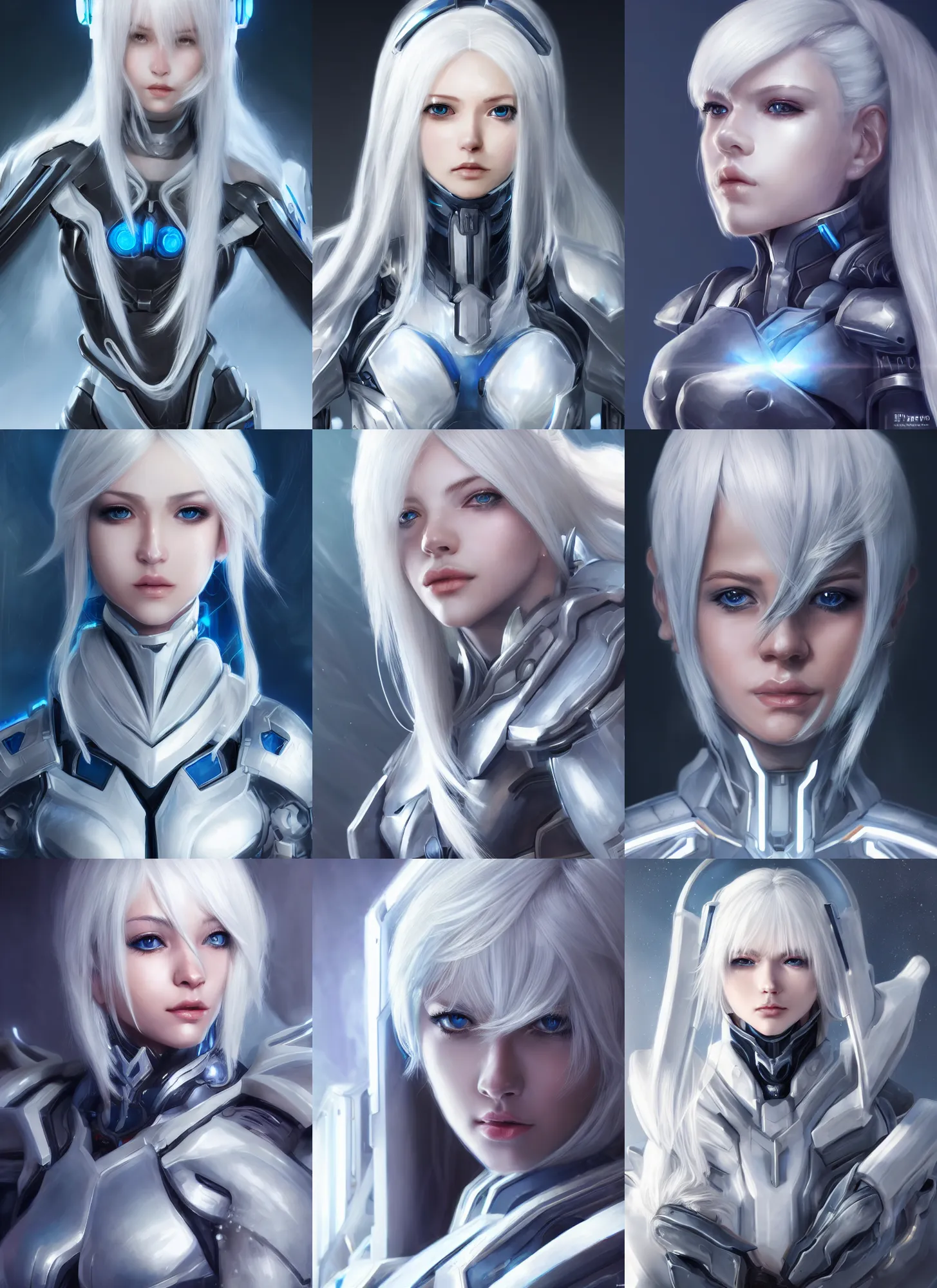 Image similar to detailed portrait of perfect white haired girl, android, warframe armor, beautiful, pretty face, blue cyborg eyes, innocent, scifi, 4 k, sun yunjoo, ultra realistic, aura of light, cinematic lighting, highly detailed, sharp focus, artstation, masterpiece, art by hyungjin yang