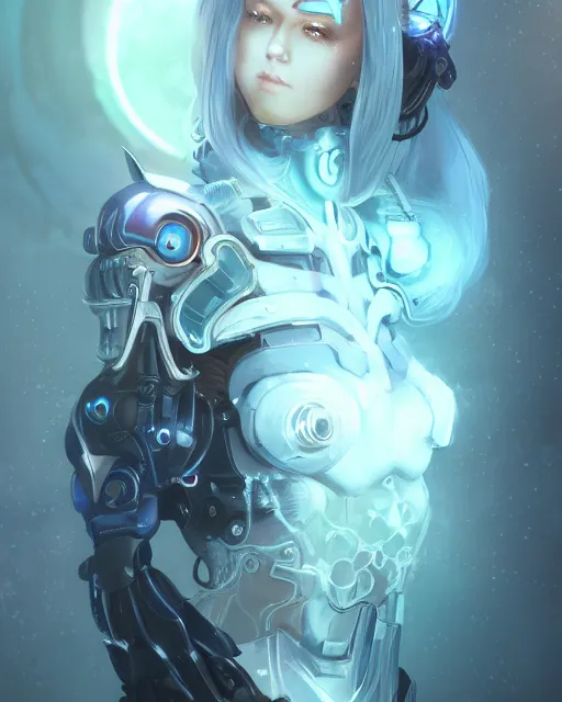 Image similar to holy cyborg necromancer girl, elegant, scifi, futuristic, utopia, garden, illustration, atmosphere, top lighting, blue eyes, white hair, focused, artstation, highly detailed, art by yuhong ding and chengwei pan and serafleur and ina wong