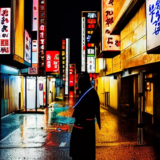 Image similar to photograph of a samurai warrior in a post modern Japan, neon lights, night, dark, volumetric light, raining, high contrast, epic