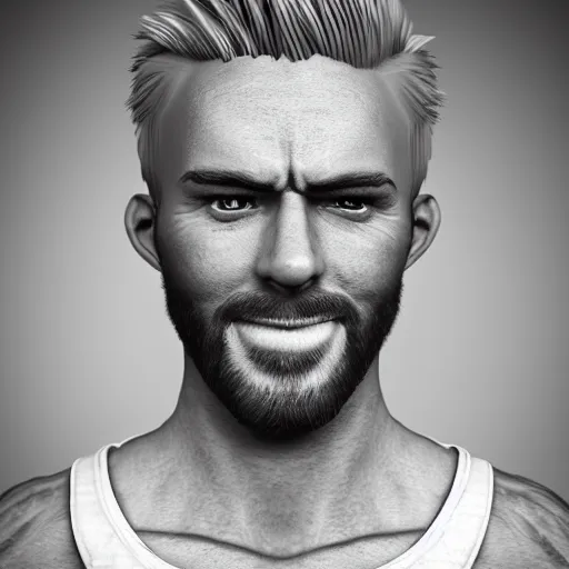 Image similar to attractive strong built irish english man with a chin beard and spiky blonde hair smiling at the camera, 3D octane render, character design