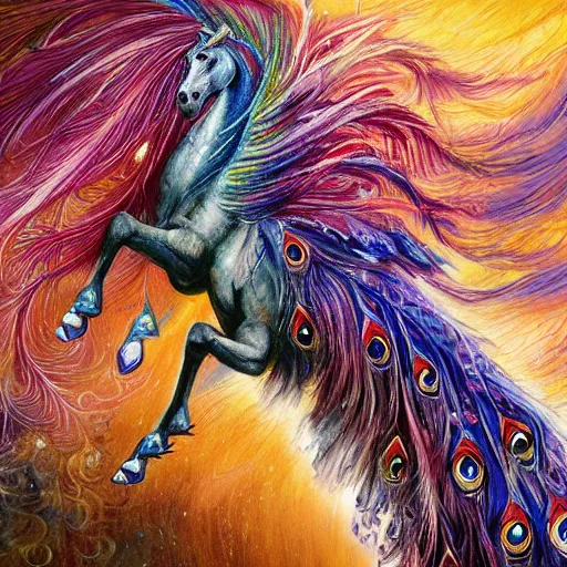 Prompt: beautiful white winged pegasus horse with long flowing mane and tail made of peacock feathers, detailed painting in the style of josephine wall 4 k