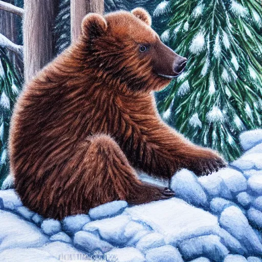 Prompt: cute fluffy baby bear cub sitting in snowy winter forest landscape detailed painting 4k