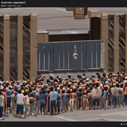 Prompt: large millennial crowd in front of a | government security facility military gate | in the hot desert trending on artstation digital paint 4 k render