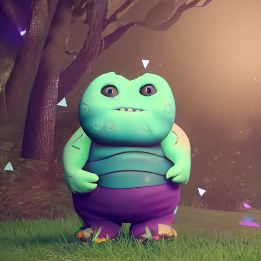 Image similar to chubby fat monster, purple scales ,cute, sparkle eyes, photorealistic, wearing skirt, 4k, unrealengine,