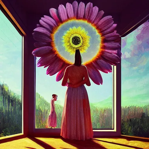 Image similar to giant daisy flower head, woman standing next to modern window in luxury loft, surreal photography, sunlight, impressionist painting, digital painting, artstation, simon stalenhag