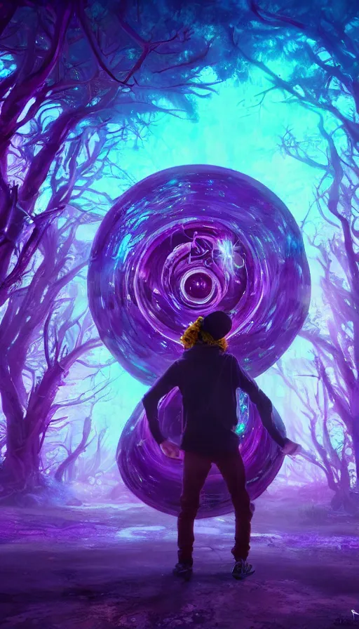 Image similar to a graffiti writer from the future on the middle of a purple forest looking to a sci fi ancient god holding a portal that's about to explode into a psychedelic realm, in the style of WLOP, oil painting, epic, fantasy, hyper detailed, smooth, Unreal Engine 5, sharp focus, ray tracing