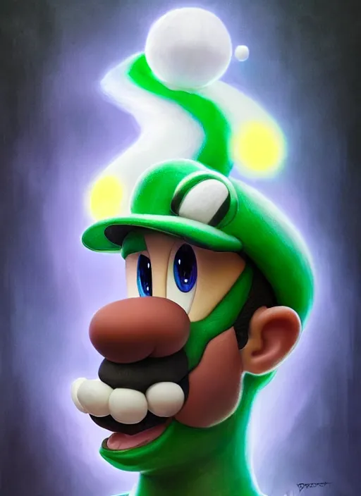 Image similar to hyper realistic, portrait of a mega derpy luigi by greg rutkowski, scott m fischer, artgerm, loish, slight glow, atmospheric, anne stokes, alexandros pyromallis