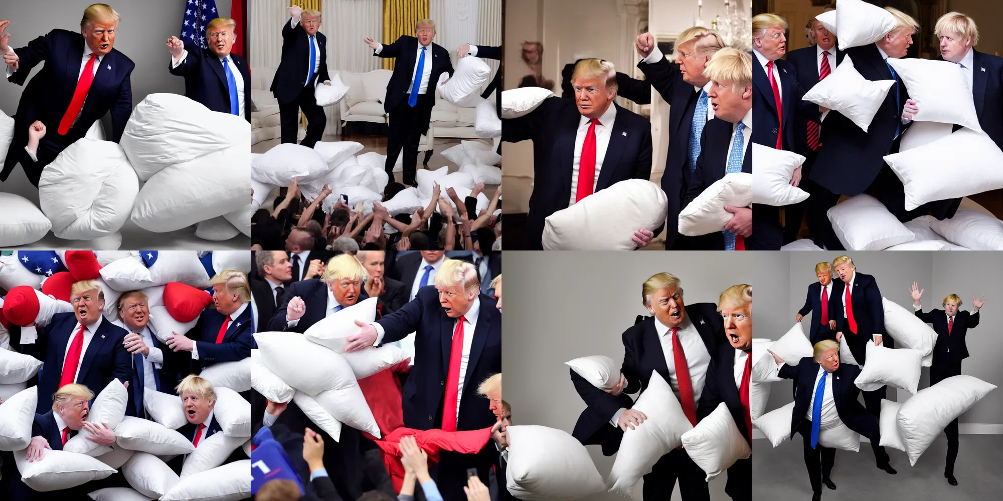 Prompt: donald trump having a pillow fight with boris johnson, dynamic framing, incredible lighting