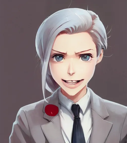 Image similar to a girl in a business suit, close up, sharp focus, red necktie, grey hair, happy expression, full body shot, pixiv, digital painting, by tran ross and jordan grimmer and greg rutkowski, anime art, artstation, hd, smooth