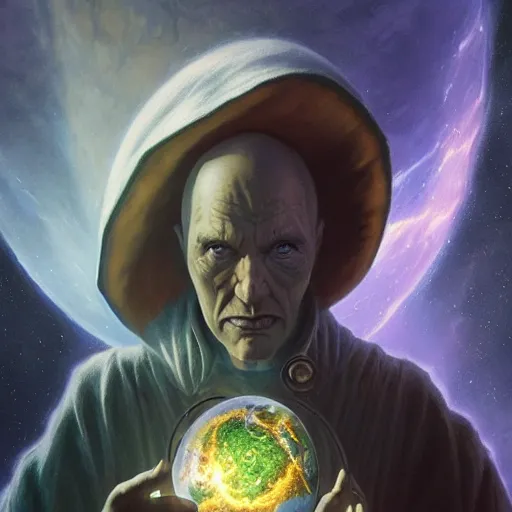 Image similar to the creator of worlds wearing a cloak and holding a holographic planet projection in his hand, detailed, sci - fi, digital painting, artstation, sharp focus, illustration, ominous, artgerm, tomasz alen kopera, peter mohrbacher, donato giancola, joseph christian leyendecker, wlop, frank frazetta