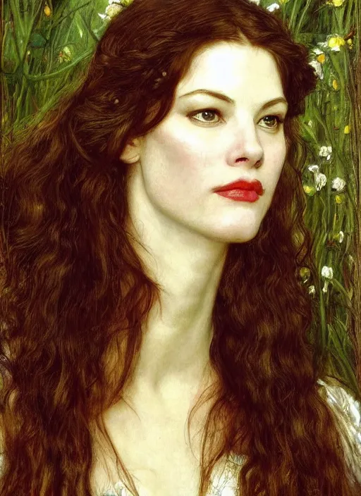 Prompt: a beautiful painting of liv tyler as arwen by John Everett Millais and Dante Gabriel Rossetti and John Collier and john william waterhouse, pre-raphaelite, detailed, trending on artstation, hd, masterpiece