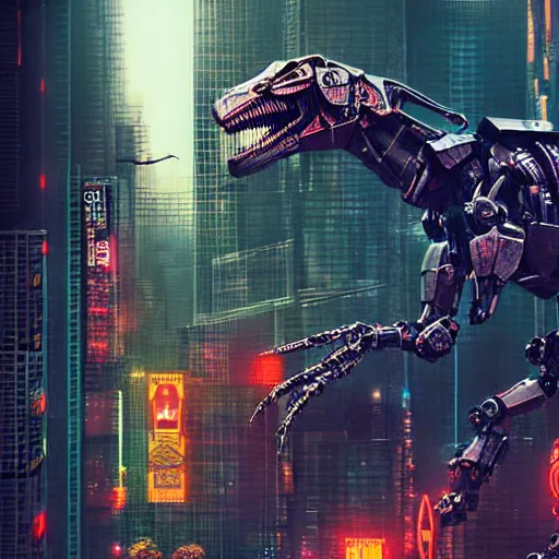 Image similar to beautiful detailed movie poster photograph, urban gang of drug dealing robot mecha dinosaurs, cyberpunk, city, crime, dystopian, graffiti, cgi, dark