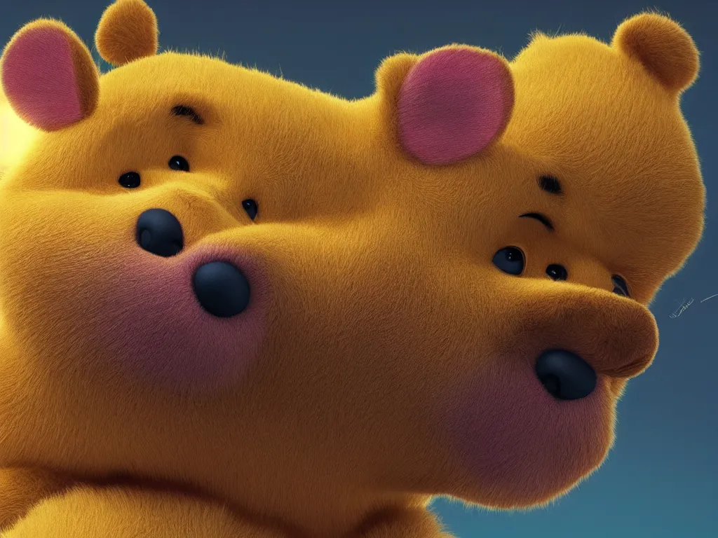 Prompt: ultrarealistic hyperdetailed render of winnie the pooh, cute symmetric eyes, lovable and furry, portrait, by beeple and h. r. giger, makoto shinkai, studio ghibli, giovanni paolo panini, colorful, vibrant, animation style render, unreal engine, cryengine, artstation