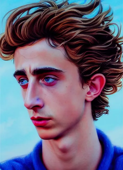 Prompt: hyperrealistic close-up TIMOTHEE CHALAMET with long BLONDE hair & blue eyes! highly detailed concept art eric zener elson peter cinematic hard blue lighting high angle hd 8k sharp shallow depth of field, inspired by David Paul Cronenberg and Zdzisław Beksiński